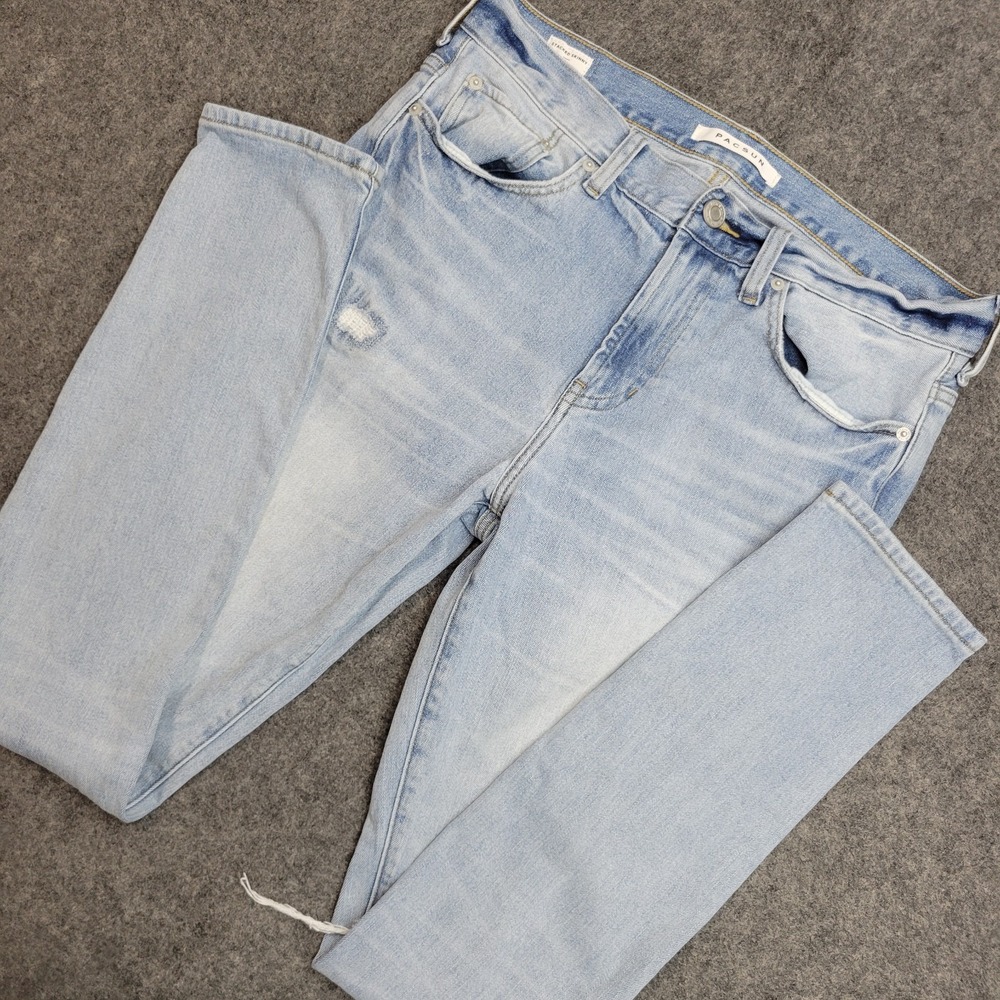 PacSun Jeans Mens 32x32 Blue Denim Faded Distressed Americana Stacked Skinny Leg